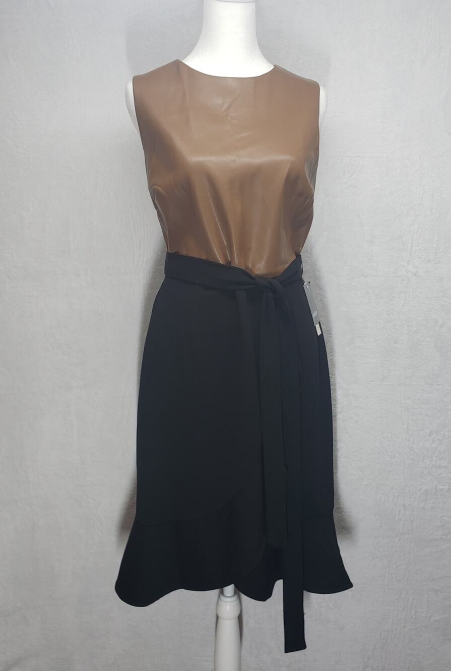 Addison Women’s Size 10 Faux‑Wrap Belted Dress Cognac Black Colorblock Deadstock